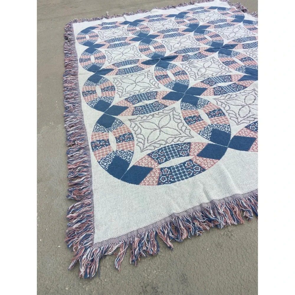 Goodwin Weavers Double Wedding Ring Woven Throw Blanket Reversible Pink Blue 70